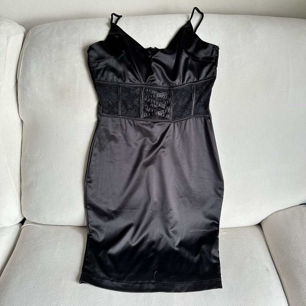 Windsor Black Satin Mini Dress Homecoming Women Juniors Size M B36